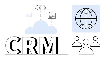 CRM acronym with cloud, graph, puzzle, and calendar icons symbolizing integration, connectivity, and planning. Ideal for business, teamwork, CRM tools data technology strategy organization