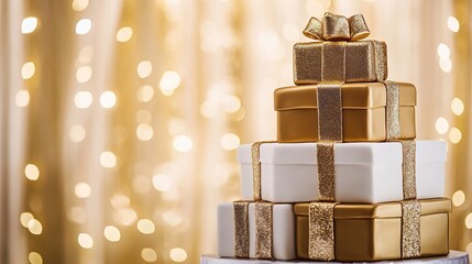 Luxury birthday cake designed to look like a stack of gift boxes with each layer wrapped in glittering fondant ribbons and metallic accents ideal for an elegant milestone celebration