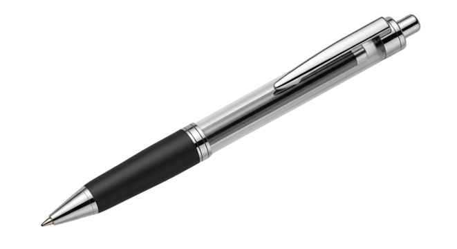 Silver ballpoint pen with black grip detail isolated PNG with Transparent Background