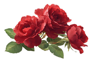 Close-up of three deep red roses with lush green leaves