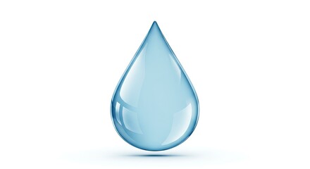 A single glossy water droplet with a light blue hue isolated on a white background