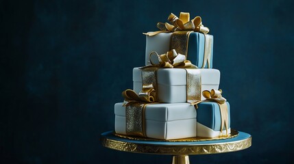 Luxury birthday cake designed to look like a stack of gift boxes with each layer wrapped in glittering fondant ribbons and metallic accents ideal for an elegant milestone celebration
