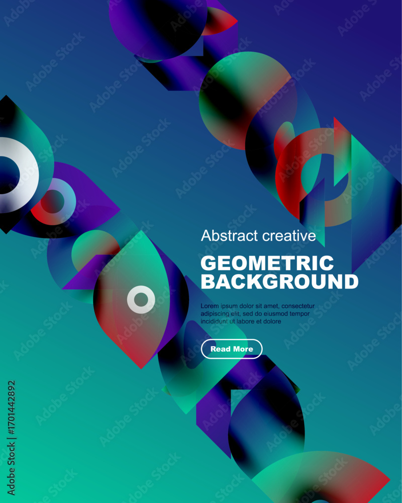 Poster vibrant abstract composition. overlapping geometric shapes create dynamic visual experience. blue, p
