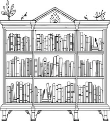 simple line art of bookshelf with books arranged, black outline, white background, home library theme 1.