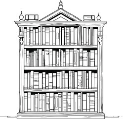 simple line art of bookshelf with books arranged, black outline, white background, home library theme 3 © rokeya