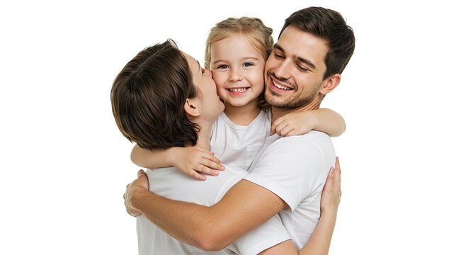 A smiling familymother father and daughterembracing tightly