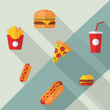 Flat design fast food icons featuring a burger, fries, pizza, and hot dogs, seamless pattern, Stock royalty free image.