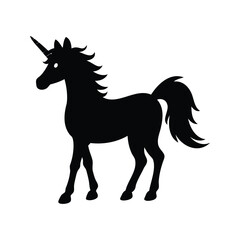Elegant black silhouette of a majestic unicorn standing against a white backdrop, happy unicorn silhouette vector illustration