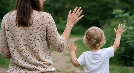 A woman and child back to camera raise hands in the air on a path near green foliage