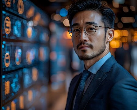 A confident Asian businessman in a modern office with digital data displays