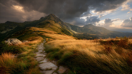 Epic mountain path bathed in golden sunset light with dramatic stormy clouds overhead creating a breathtaking, adventurous landscape scene