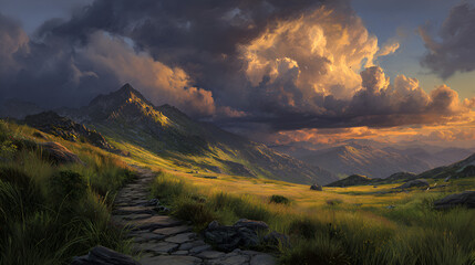 Stunning mountain path bathed in dramatic golden sunset light with epic storm clouds gathering overhead