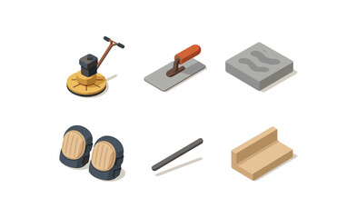 isometric icon items isolated on white background cement finisher flat trowel wet surface knee pads smooth line edge form