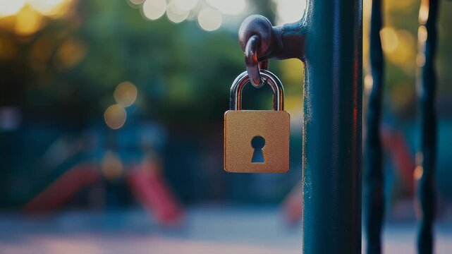 Golden Padlock on a Green Gate: A Close-Up View of Security and Tranquility in a Park Setting