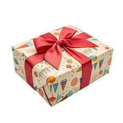 A festive red gift box with a gold ribbon and bow is isolated on a white background, perfect for any holiday or celebration