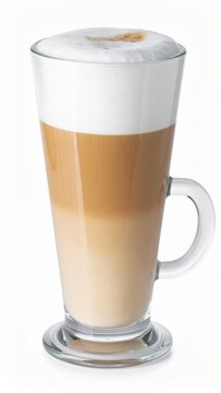 Tall Glass of Layered Latte Coffee Drink with White Foam on White Background