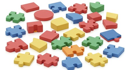 Naklejka premium Colorful wooden puzzle pieces various shapes and colors scattered on a white surface