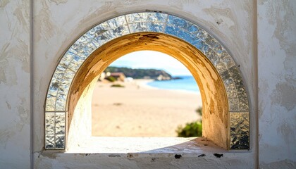 Mediterranean Coastal View Through Arch Window