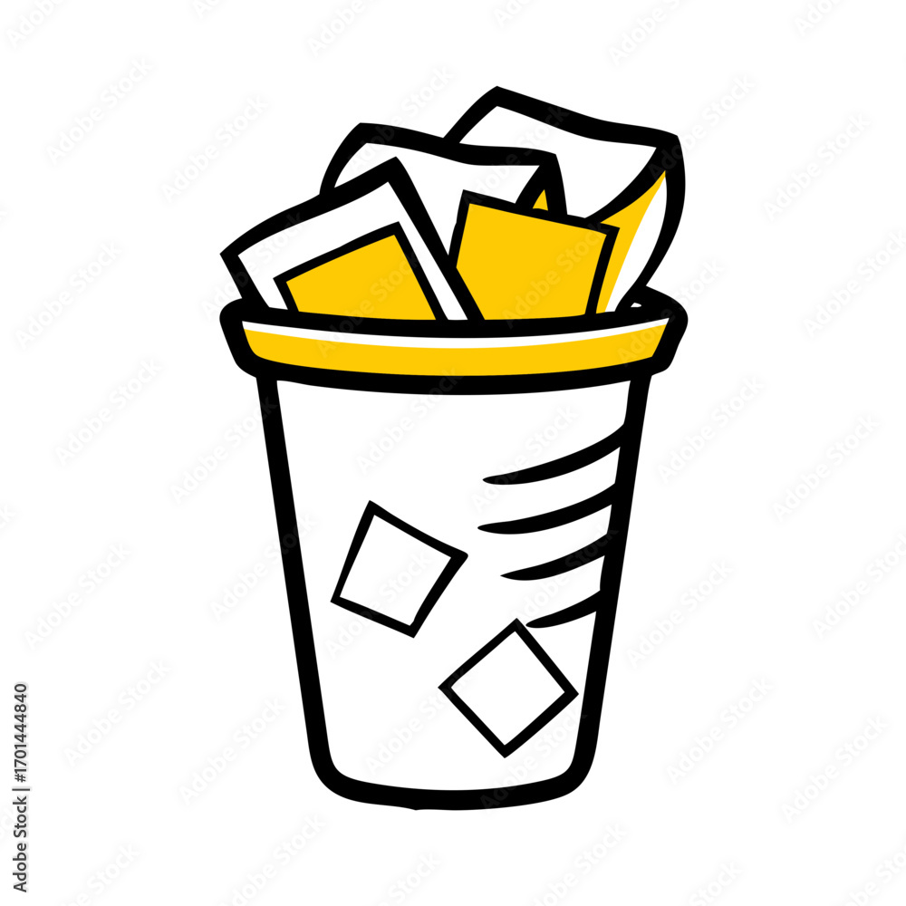 Poster garbage basket filled with paper trash hand drawing icon for web and graphic design