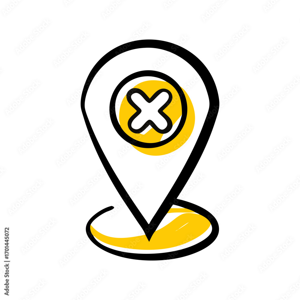 Poster location pin with delete cross symbol hand drawing icon for web and graphic design