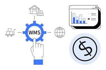 Gear marked WMS, data bar chart, and dollar sign represent inventory management, data analysis, and financial tracking. Ideal for logistics, supply chain, technology, business efficiency finance