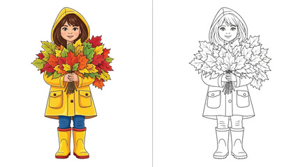 Child in Raincoat with Autumn Leaves Coloring Sheet Kids Fun Fall Season Outdoor Play