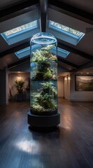 Cylindrical aquarium in a hallway, skylights above