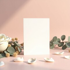 A blank card surrounded by a white rose, petals, and eucalyptus leaves on a pink surface and background invitation card mockup