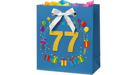 Gift bag celebrating a 77th birthday isolated PNG with Transparent Background