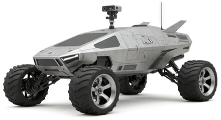Futuristic ATV with detailed suspension chunky tires and a camera on a white surface