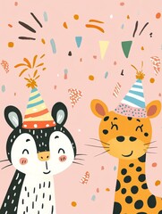Happy Animals Birthday Party - Two adorable cartoon animals, a bear and a leopard, wearing party hats, celebrate amidst colorful confetti on a pink background