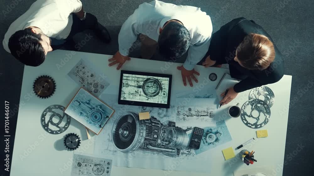 Poster top down view of engineer working together while shaking hands or making a contract. aerial view of 