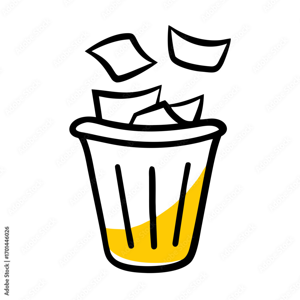 Poster trash bin with floating paper delete hand drawing icon for web and graphic design
