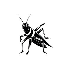 Black and white graphic illustration of a cartoonish grasshopper insect art