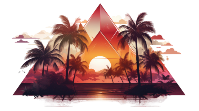 Beautiful sunset on the forest illustration on white background