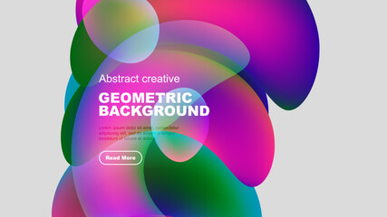 Abstract colorful shapes overlap, creating dynamic geometric background. Text present, button visible. Modern design elements dominate composition.