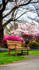 Spring park bench under blossoming trees