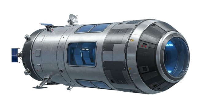 Metallic cylindrical spacecraft module with solar panels antenna window and dome set against a white background