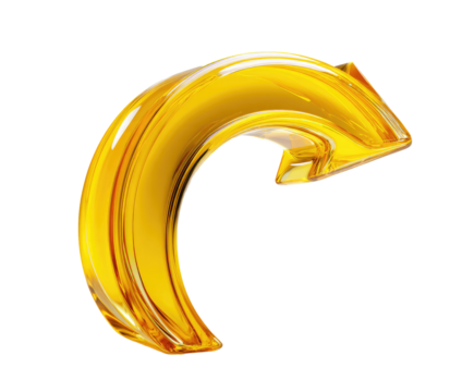 3D golden arrow curves right.  Glossy, smooth, and reflective