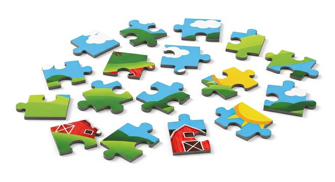 Puzzle pieces featuring farm scenery scatter on a white surface hinting at a farmthemed puzzle