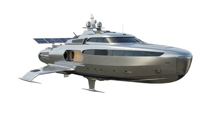 Silver hydrofoil yacht with solar panels