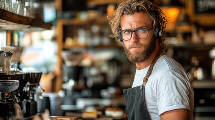Fototapeta premium Portrait of a stylish barista in a coffee shop with a modern and trendy ambiance