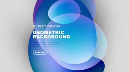 Abstract geometric background features overlapping colorful shapes. Modern design with text, button present. Vibrant hues create dynamic visual.