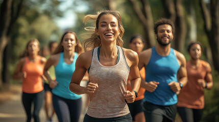 Foreground smiling woman team running on forest road sports scene, outdoor fitness health lifestyle and design elements