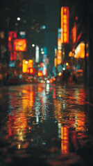 Naklejka premium Vibrant neon city lights reflect on wet asphalt street at night, creating a captivating, atmospheric urban scene.