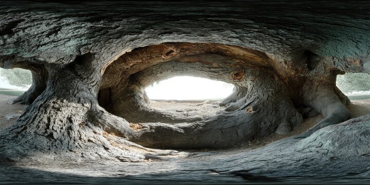 360? view inside a massive, ancient tree's hollowed trunk, revealing intricate root structures and a bright, blurry exit