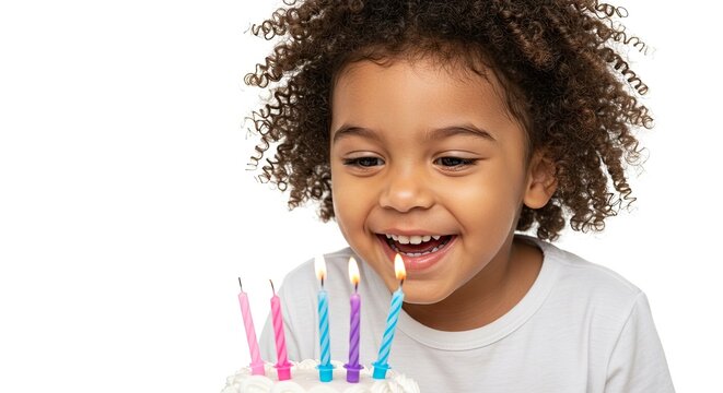 Smiling child with curly hair looking at lit candles on a white frosted cake