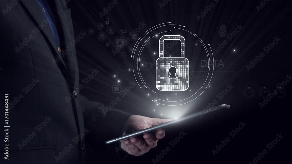 Poster a businessman interacts with a tablet, showcasing a digital concept of data protection and cybersecu