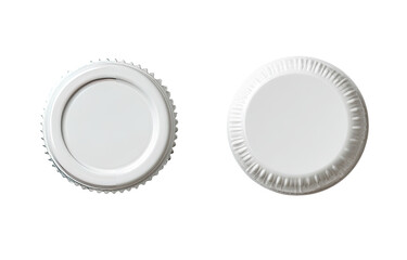 Two identical white circular lids, side-by-side, on a plain background.  Each lid has a textured ribbed edge