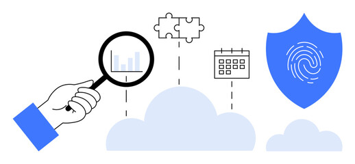 Hand with magnifier examines cloud data with charts, puzzle piece, calendar, and fingerprint shield. Ideal for cloud technology, security, analytics, integration, authentication innovation